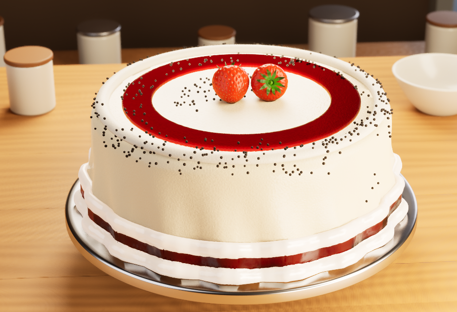Cake made in Cake It!, decorated with white frosting, red glaze, strawberries and sprinkles
